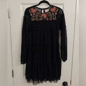 Anthropologie Maeve Samara Black mesh floral embroidery Dress